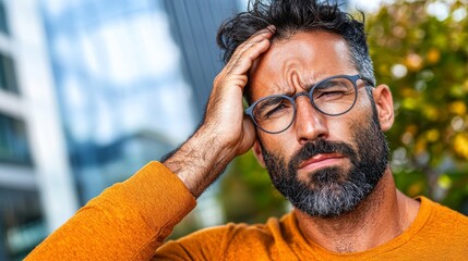 Obraz premium Thoughtful man with glasses holding his head in frustration outdoors