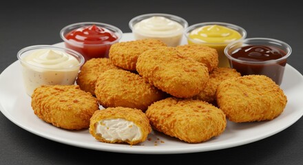 A plate of chicken nuggets served with dipping sauces