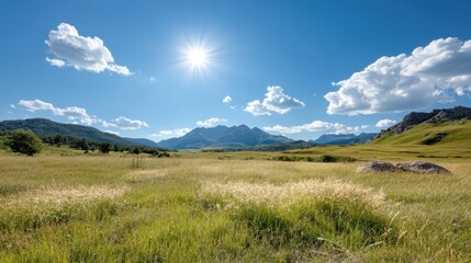 Obraz premium Blistering warmth: hot breeze, radiant glow, humid environment, intense daylight, sunlit expanse, shimmering air, endless summer, arid landscape, golden rays, heated surface, clear atmosphere.