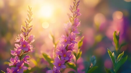 Obraz premium Meadow flowers glow, bathing in sunlight at golden hour, with bokeh background
