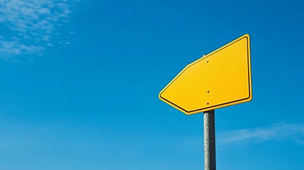 Blank Yellow Directional Sign Against a Vivid Blue Sky Bright Sunny Day Outdoor Advertising Template Perfect for Mockups and Presentations Clean Simple Design Empty Space for Text or Logo Easy to Edit