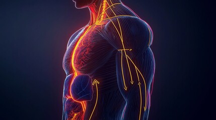 Anatomical illustration of the human body with glowing vascular system