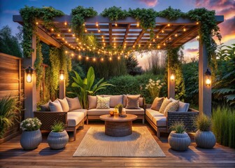 Chic Backyard Oasis: Wicker Pergola Lounge with String Lights - Stylish Outdoor Design