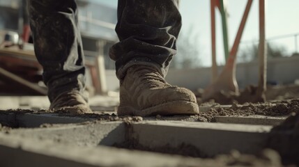 A construction worker laying a foundation at a building site. Featuring dedication and focus