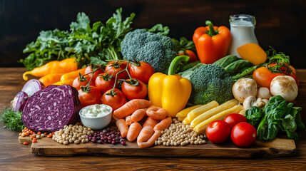 Assortment of fresh vegetables and legumes on a wooden board with a dark background in a studio shot