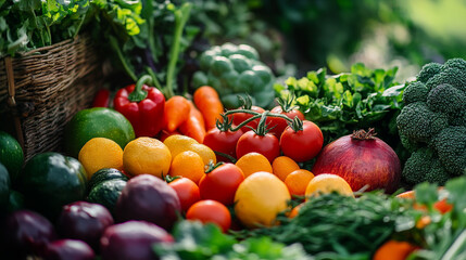 A vibrant display of fresh produce featuring a colorful assortment of fruits and vegetables outdoors