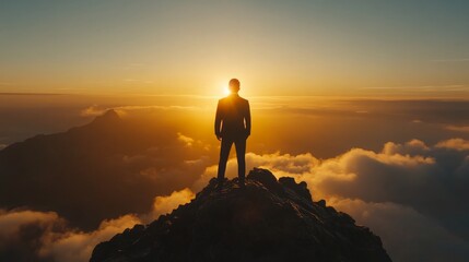 Silhouette of businessman at sunrise on mountain peak