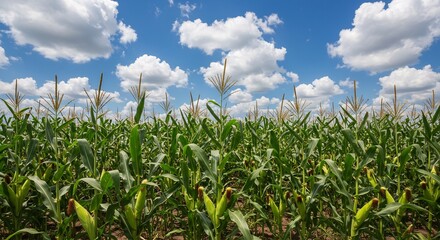 Obraz premium Vibrant green cornfield under a bright summer sky. AI Generated