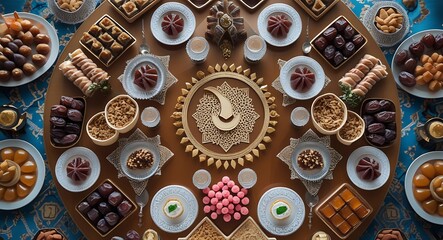 Festive Feast: A richly adorned table displays a diverse array of meticulously arranged sweets and treats, evoking the essence of celebration, culture, and culinary delight.