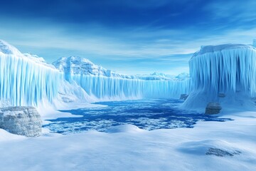 A highly detailed 3D digital model of a frozen landscape with jagged ice formations and a deep blue sky