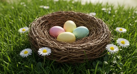 Fototapeta premium Celebrate Happy Easter with colorful Easter eggs in a lush green meadow under bright sunlight and a warm spring sky. Experience the joy of Easter on a beautiful spring day filled with renewal
