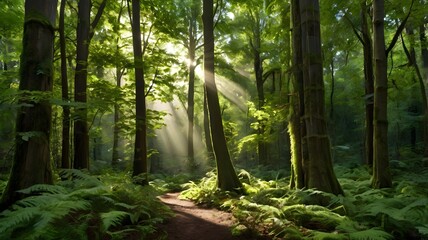 Fototapeta premium Sunlit Forest Path with Lush Greenery