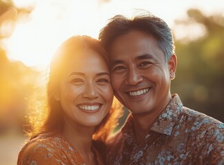 Happy Asian Couple Embracing Outdoor Photo, Sunset Glow, Love & Togetherness, Warm Tone, Mature, Romantic Moment, Lifestyle Portrait