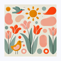 A cheerful set of minimalist illustrations featuring tulips, birds, sun, and people playing outdoors. Designed with simple organic shapes and a flat pastel color palette ideal for spring themes.