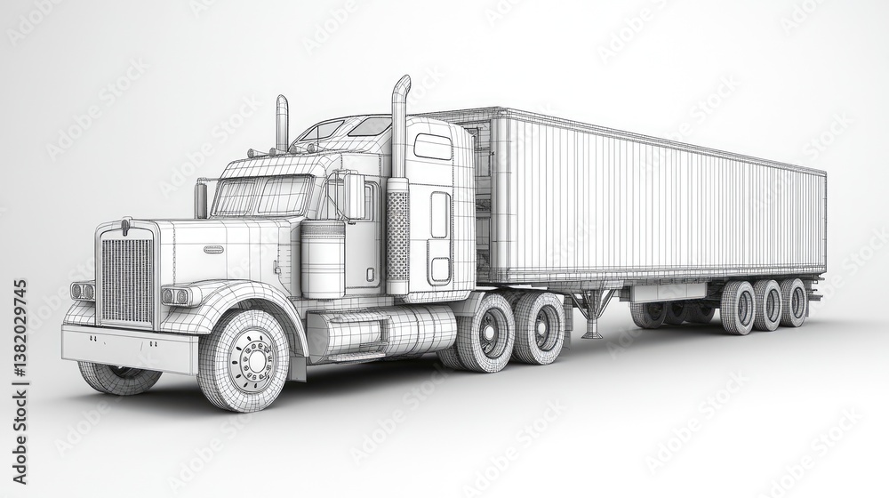 Poster a 3d wireframe model of a semi-truck and its trailer, emphasizing the detailed design of both the tr