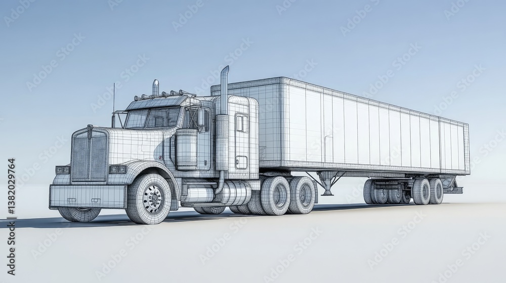 Poster a 3d wireframe model of a semi-truck and its trailer, emphasizing the detailed design of both the tr