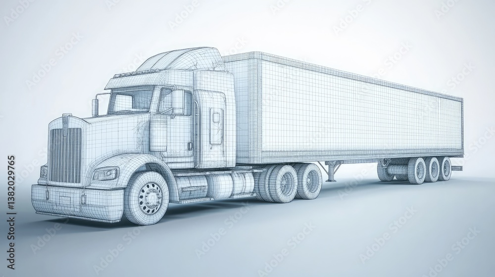 Poster a 3d wireframe model of a semi-truck and its trailer, emphasizing the detailed design of both the tr