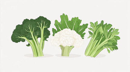 Illustration of broccoli cauliflower and celery on a white background in a simple flat style