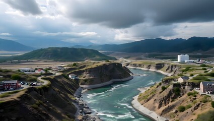 Fototapeta premium A winding river flows through a lush valley, surrounded by rolling hills and mountains. Small houses dot the scenic landscape, creating a peaceful countryside view under a cloudy yet serene sky.