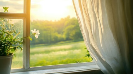 Fototapeta premium A breezy farmhouse window with soft white linen curtains gently flowing, offering a picturesque view of a sunlit green meadow beyond.