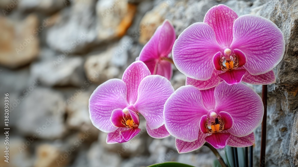 Poster a captivating close-up of vibrant orchids in full bloom, set against a rustic stone wall, showcasing