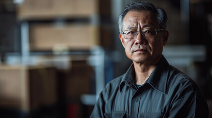 Fototapeta premium Portrait of an asian man with glasses in a warehouse with boxes in the background looking at the camera
