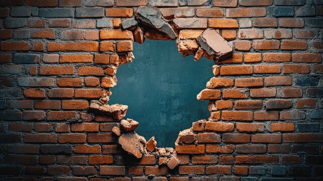 A broken brick wall with a large hole, offering a powerful visual of destruction and transformation.