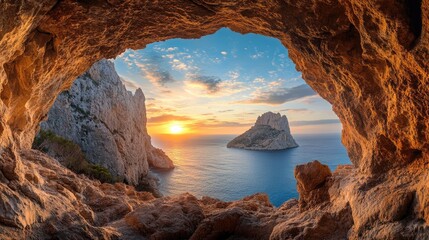 A captivating view of Es Vedra at sunset, framed by the jagged rock holes of a cave, revealing the breathtaking coastline of Ibiza.