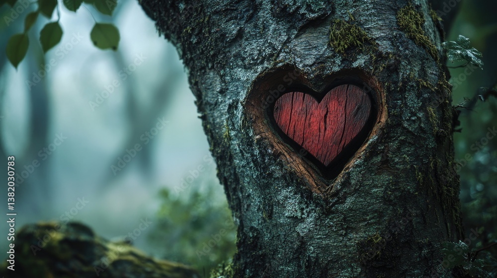 Aufkleber a close-up of a heart-shaped carving in the bark of an old tree, surrounded by a mystical, fog-fille