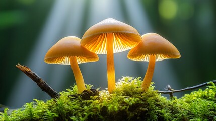 Fototapeta premium Mushrooms Glowing on Mossy Log, Forest Background, Sunlight
