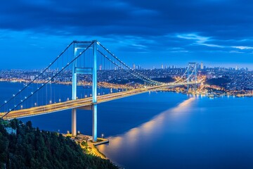 A long-exposure drone shot of Istanbul bridges, glowing and reflecting off the Bosphorus