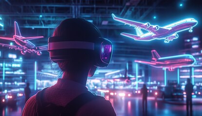 Woman Wearing VR Headset Experiencing Futuristic Airport with Neon Lights and Pixelated Airplanes