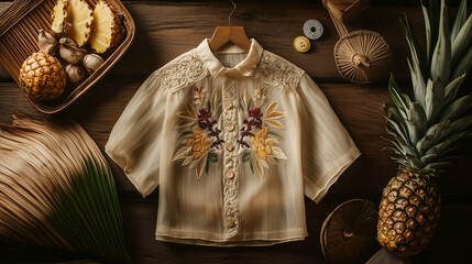 Flat lay concept of traditional Filipino costume, Barong Tagalog, showing every element of the garment such as transparent shirt with pineapple fiber texture, ai generated images.
