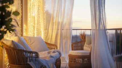 A coastal-inspired balcony with radiant fairy lights, rattan furniture, and soft white curtains swaying in the breeze, creating a peaceful retreat.