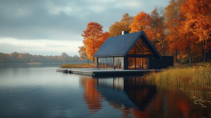 Fototapeta premium Autumnal Lakeside Retreat: Modern Cabin Nestled Amongst Vibrant Fall Foliage
