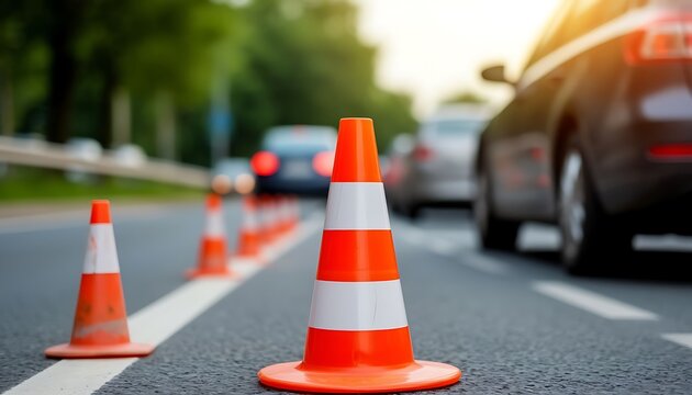 Traffic cones on the road with cars in the background. The orange and white striped cones indicate a construction or safety zone.
