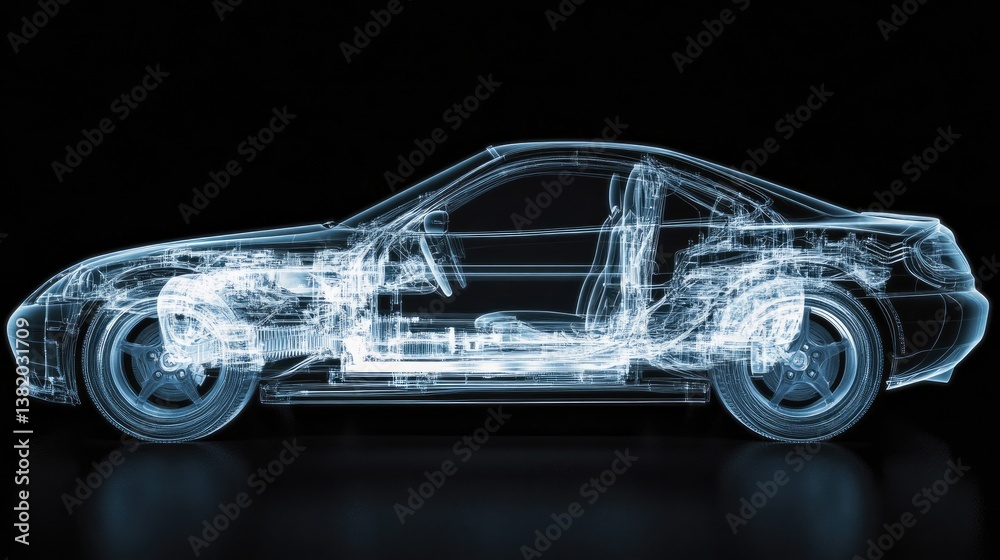 Poster a detailed x-ray view of a car structure, with a transparent overlay revealing the internal frame an