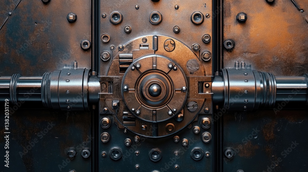 Poster A detailed shot of a metallic safe lock mechanism, showcasing its precision-engineered components and the strength of its secure locking system.