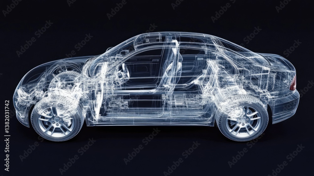Poster a detailed x-ray view of a car structure, with a transparent overlay revealing the internal frame an