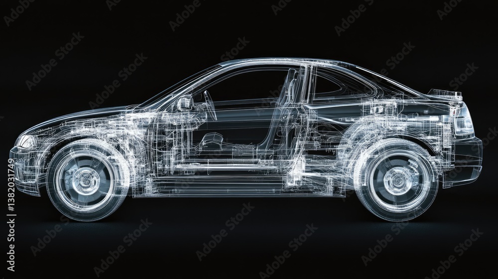 Poster a detailed x-ray view of a car structure, with a transparent overlay revealing the internal frame an