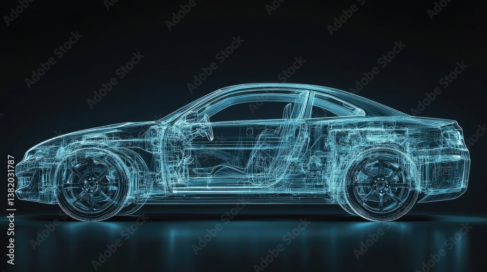 Poster a detailed x-ray view of a car structure, with a transparent overlay revealing the internal frame an
