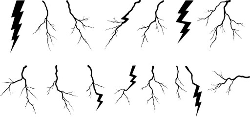 Obraz premium Lightning strike bolt silhouettes sequence vector illustration. Black thunderbolts and zippers are natural phenomena isolated on a dark background. Thunderstorm electric effect of light shining flash.