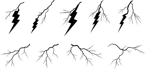 Lightning strike bolt silhouettes sequence vector illustration. Black thunderbolts and zippers are natural phenomena isolated on a dark background. Thunderstorm electric effect of light shining flash.