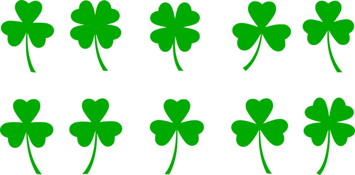 Lucky four, three clover shamrock leaf icon flat style vector illustration set. Irish Celtic St Patrick Day logo shamrock clover leaf symbol collection. Luck and happiness floral Irish ornament