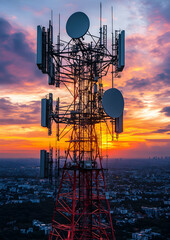 Telecommunications Tower at Sunset with Warm Golden Light over Cityscape