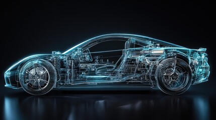 Obraz premium A futuristic X-ray view showing a car's internal structure, frame, and components in a transparent style, symbolizing advanced automotive technology.