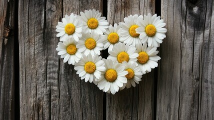 Obraz premium A heart-shaped arrangement of white daisies with bright yellow centers, set against the textured, weathered wood of an old fence, creating a rustic and natural charm.