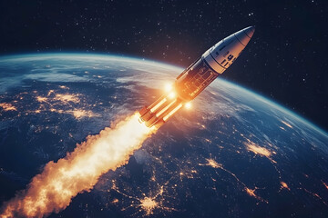 Obraz premium Telecommunications satellite launch soaring through the space from earth