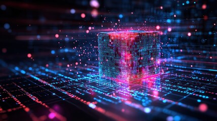 Abstract glowing cube with red and blue data flowing. Futuristic