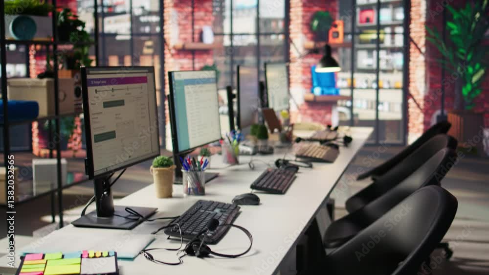 Poster csm system interfaces on computer monitors in empty customer service workplace and call center audio